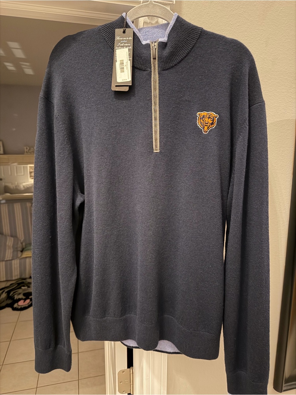 Men's Navy Half-Zip Sweater with Contrast Trim and Embroidered Patch